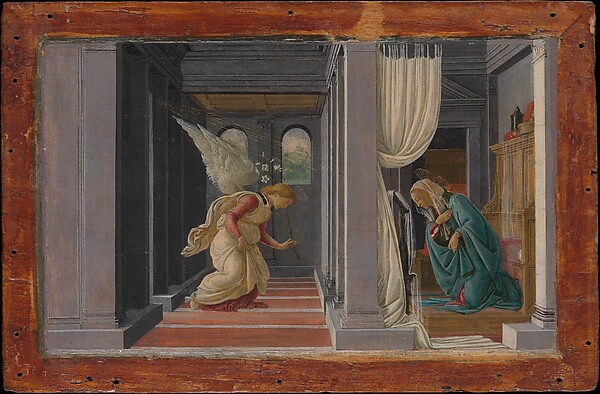 an angel greeting Mary in a Renaissance interior
